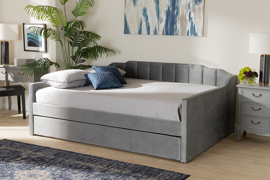 Baxton Studio Lennon Modern and Contemporary Grey Velvet Fabric Upholstered Full Size Daybed with Trundle