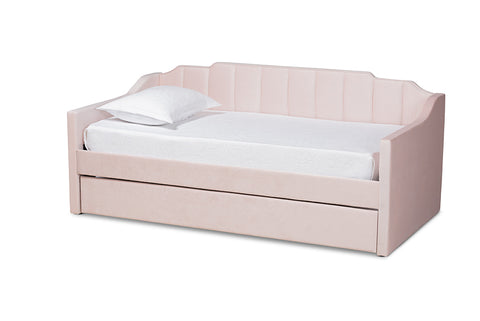 Baxton Studio Lennon Modern and Contemporary Pink Velvet Fabric Upholstered Twin Size Daybed with Trundle