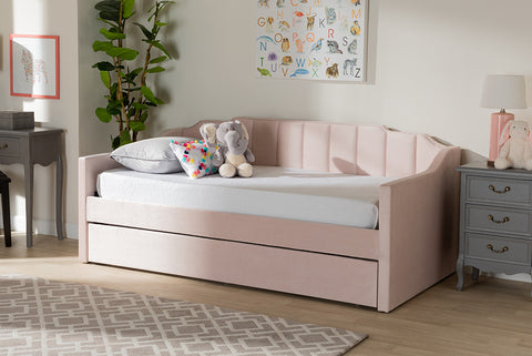 Baxton Studio Lennon Modern and Contemporary Pink Velvet Fabric Upholstered Twin Size Daybed with Trundle