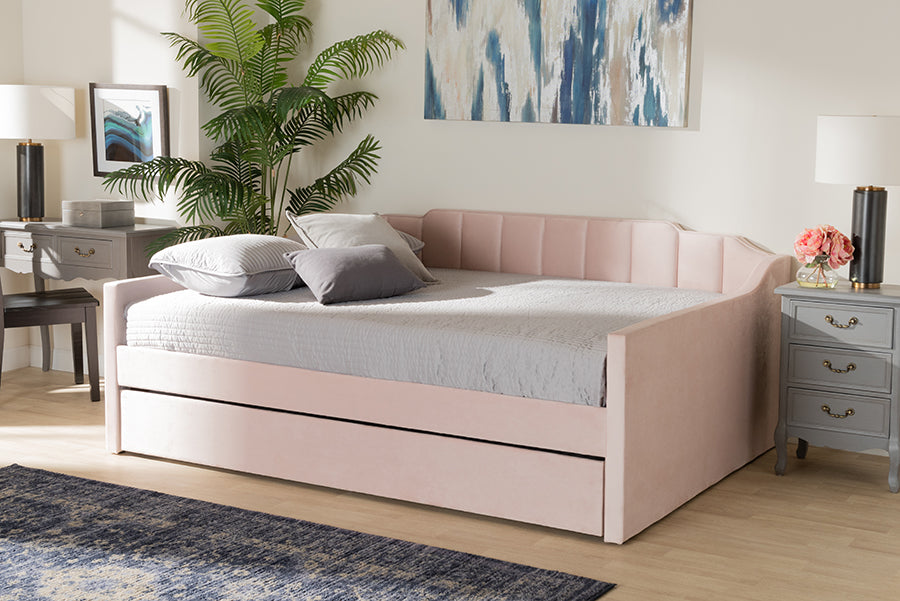 Baxton Studio Lennon Modern and Contemporary Pink Velvet Fabric Upholstered Full Size Daybed with Trundle