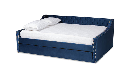Baxton Studio Raphael Modern and Contemporary Navy Blue Velvet Fabric Upholstered Queen Size Daybed with Trundle