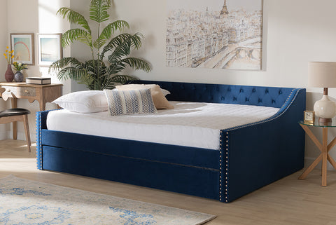Baxton Studio Raphael Modern and Contemporary Navy Blue Velvet Fabric Upholstered Queen Size Daybed with Trundle