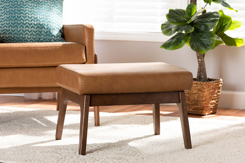 Baxton Studio Bianca Mid-Century Modern Walnut Brown Finished Wood and Tan Faux Leather Effect Ottoman