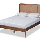 Baxton Studio Elston Mid-Century Modern Walnut Brown Finished Wood and Synthetic Rattan Queen Size Platform Bed