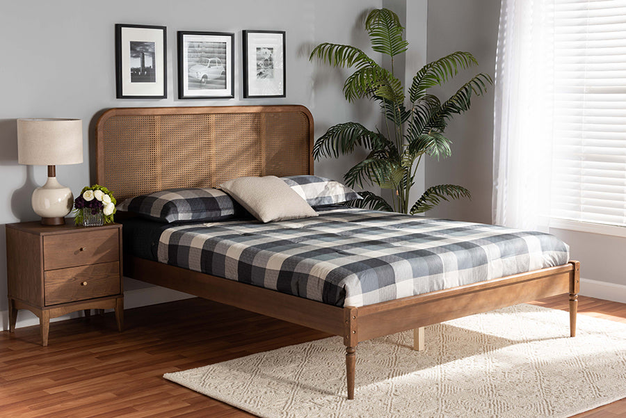 Baxton Studio Elston Mid-Century Modern Walnut Brown Finished Wood and Synthetic Rattan King Size Platform Bed