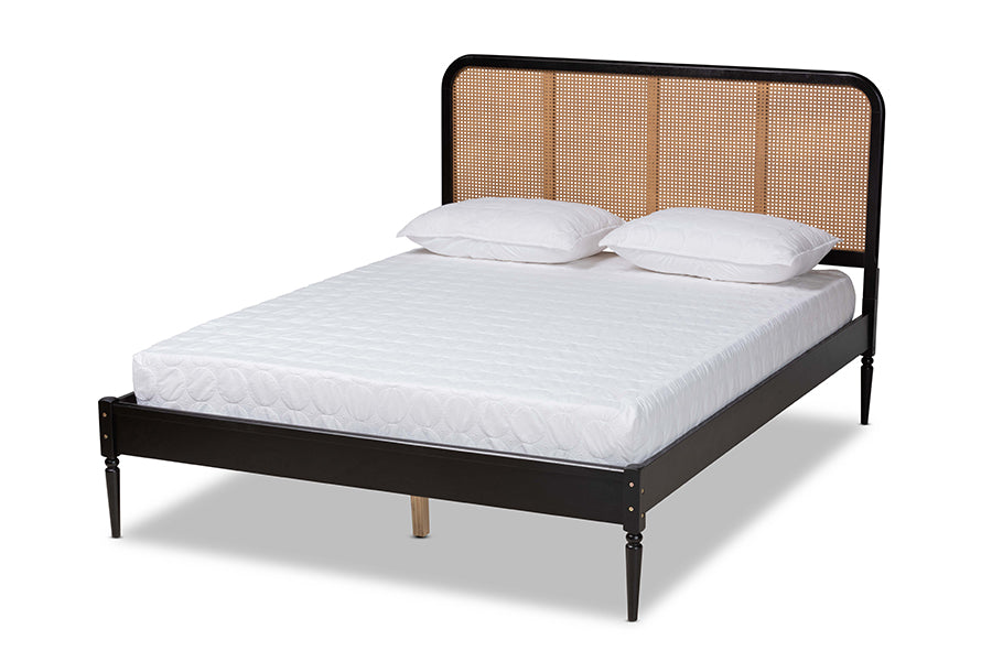 Baxton Studio Elston Mid-Century Modern Charcoal Finished Wood and Synthetic Rattan Queen Size Platform Bed