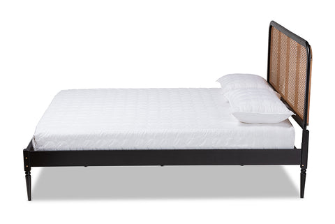Baxton Studio Elston Mid-Century Modern Charcoal Finished Wood and Synthetic Rattan Queen Size Platform Bed