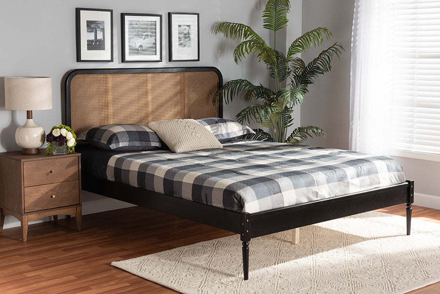 Baxton Studio Elston Mid-Century Modern Charcoal Finished Wood and Synthetic Rattan Queen Size Platform Bed