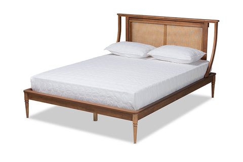 Baxton Studio Jamila Modern Transitional Walnut Brown Finished Wood and Synthetic Rattan Queen Size Platform Bed