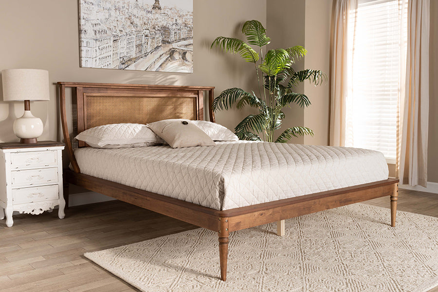 Baxton Studio Jamila Modern Transitional Walnut Brown Finished Wood and Synthetic Rattan King Size Platform Bed