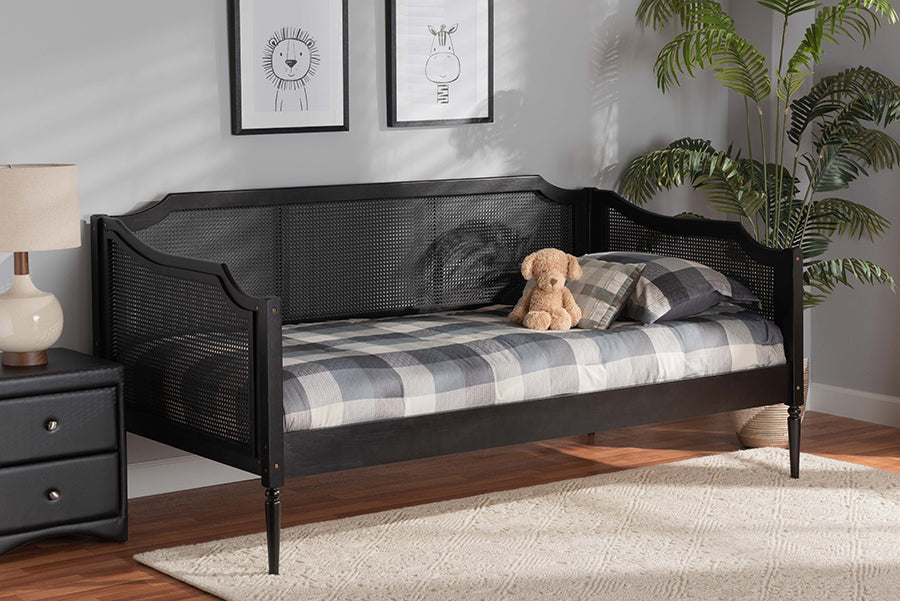 Baxton Studio Hancock Mid-Century Modern Charcoal Finished Wood and Synthetic Rattan Twin Size Daybed