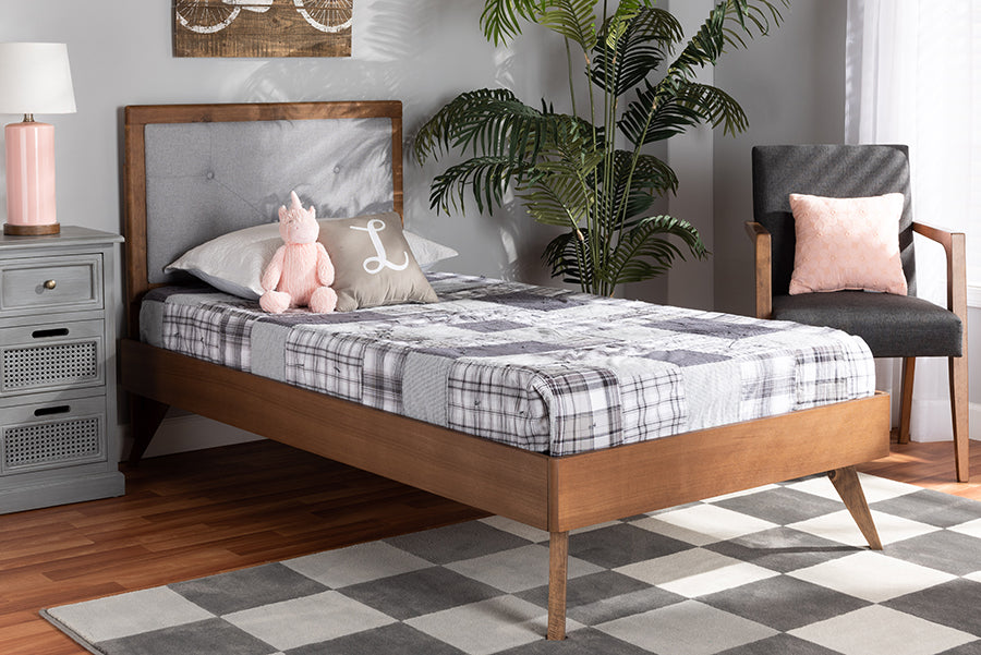 Baxton Studio Laima Mid-Century Modern Light Grey Fabric Upholstered and Walnut Brown Finished Wood Twin Size Platform Bed