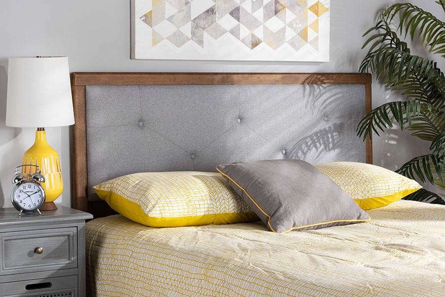 Baxton Studio Abner Modern and Contemporary Transitional Light Grey Fabric Upholstered and Walnut Brown Finished Wood King Size Headboard