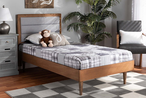 Baxton Studio Seren Mid-Century Modern Light Grey Fabric Upholstered and Walnut Brown Finished Wood Twin Size Platform Bed