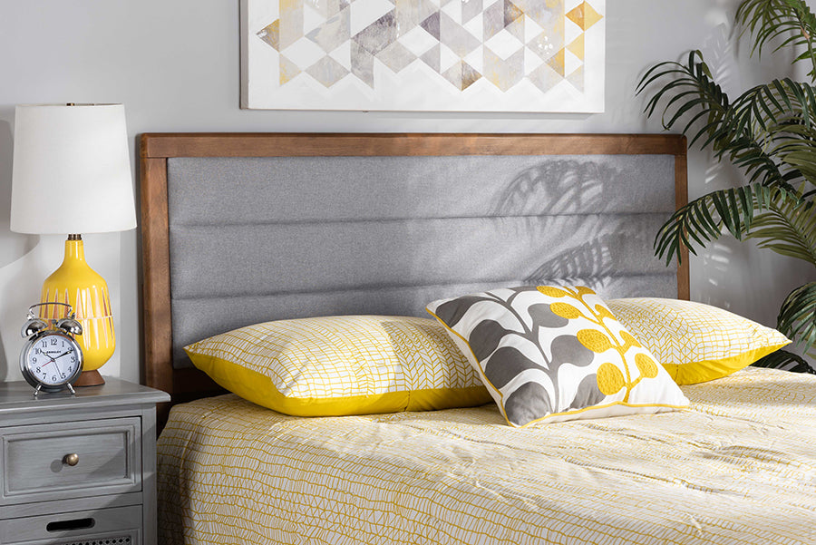 Baxton Studio Dexter Modern and Contemporary Light Grey Fabric Upholstered and Walnut Brown Finished Wood Queen Size Headboard