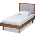 Baxton Studio Tasha Mid-Century Modern Light Grey Fabric Upholstered and Walnut brown Finished Wood Twin Size Platform Bed