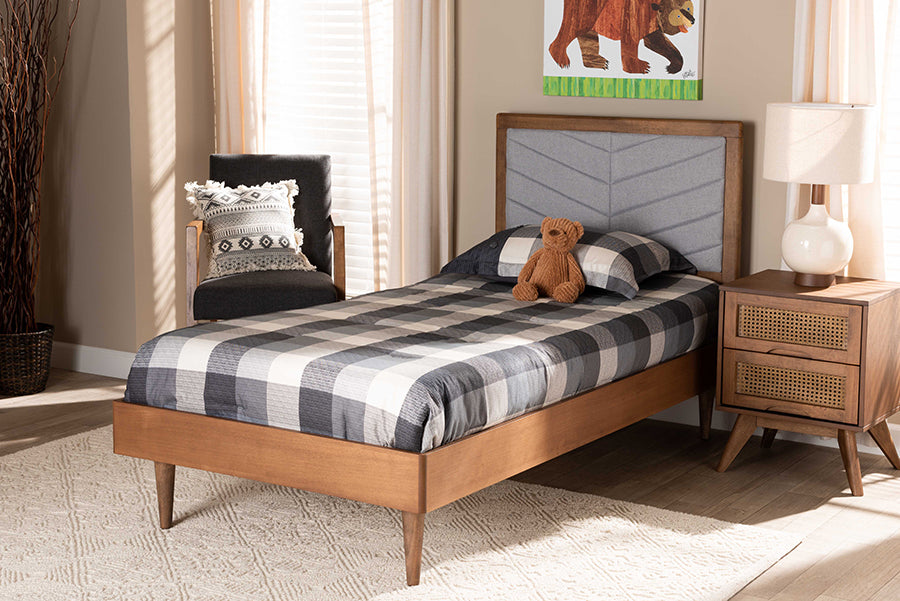 Baxton Studio Tasha Mid-Century Modern Light Grey Fabric Upholstered and Walnut brown Finished Wood Twin Size Platform Bed