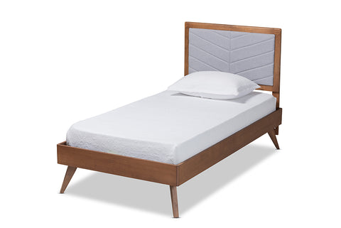 Baxton Studio Roze Mid-Century Modern Light Grey Fabric Upholstered and Walnut brown Finished Wood Twin Size Platform Bed