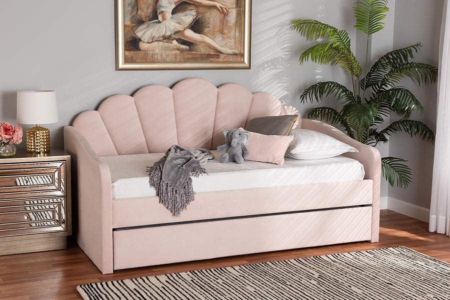 Baxton Studio Timila Modern and Contemporary Light Pink Velvet Fabric Upholstered Full Size Daybed with Trundle