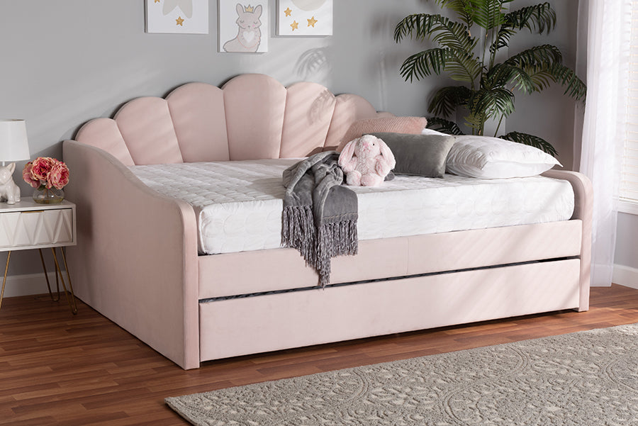 Baxton Studio Timila Modern and Contemporary Light Pink Velvet Fabric Upholstered Queen Size Daybed with Trundle