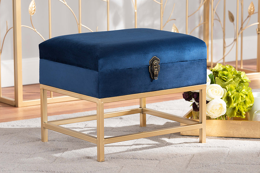Baxton Studio Aliana Glam and Luxe Navy Blue Velvet Fabric Upholstered and Gold Finished Metal Small Storage Ottoman 