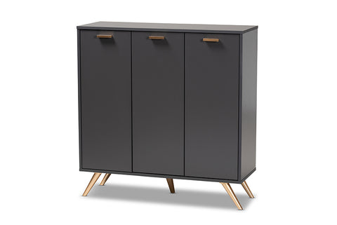 Baxton Studio Kelson Modern and Contemporary Dark Grey and Gold Finished Wood 3-Door Shoe Cabinet