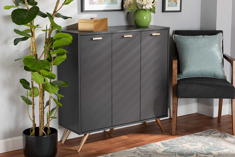 Baxton Studio Kelson Modern and Contemporary Dark Grey and Gold Finished Wood 3-Door Shoe Cabinet