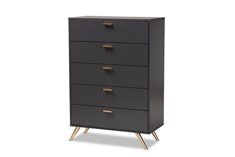 Baxton Studio Kelson Modern and Contemporary Dark Grey and Gold Finished Wood 5-Drawer Chest