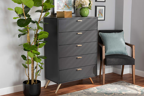 Baxton Studio Kelson Modern and Contemporary Dark Grey and Gold Finished Wood 5-Drawer Chest