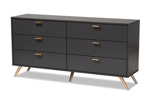 Baxton Studio Kelson Modern and Contemporary Dark Grey and Gold Finished Wood 6-Drawer Dresser