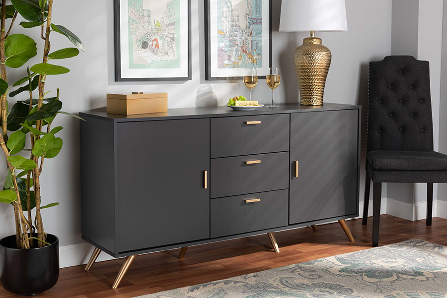 Baxton Studio Kelson Modern and Contemporary Dark Grey and Gold Finished Wood 2-Door Sideboard Buffet