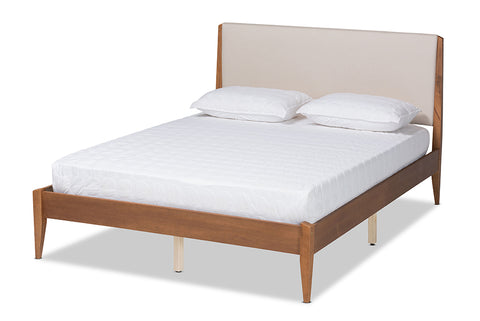 Baxton Studio Lenora Mid-Century Modern Beige Fabric Upholstered and Walnut Brown Finished Wood Queen Size Platform Bed