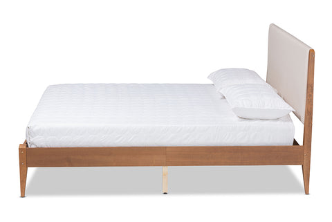 Baxton Studio Lenora Mid-Century Modern Beige Fabric Upholstered and Walnut Brown Finished Wood Full Size Platform Bed