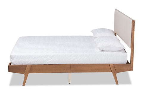 Baxton Studio Senna Mid-Century Modern Beige Fabric Upholstered and Walnut Brown Finished Wood Queen Size Platform Bed