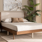 Baxton Studio Senna Mid-Century Modern Beige Fabric Upholstered and Walnut Brown Finished Wood Queen Size Platform Bed