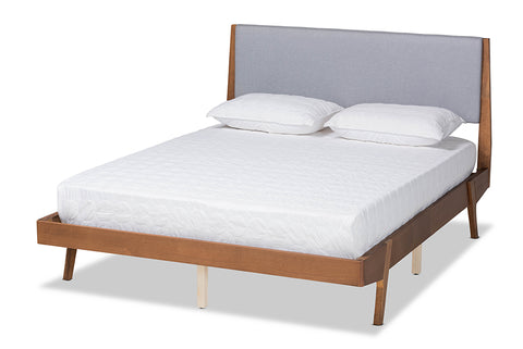 Baxton Studio Senna Mid-Century Modern Grey Fabric Upholstered and Walnut Brown Finished Wood King Size Platform Bed