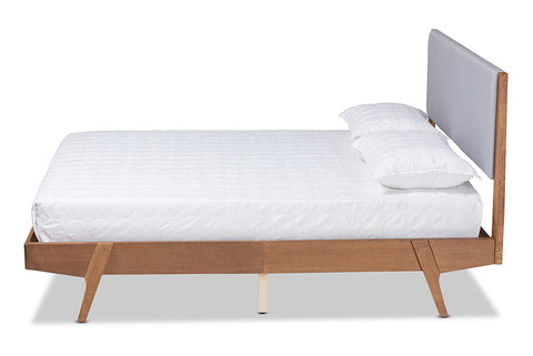 Baxton Studio Senna Mid-Century Modern Grey Fabric Upholstered and Walnut Brown Finished Wood King Size Platform Bed