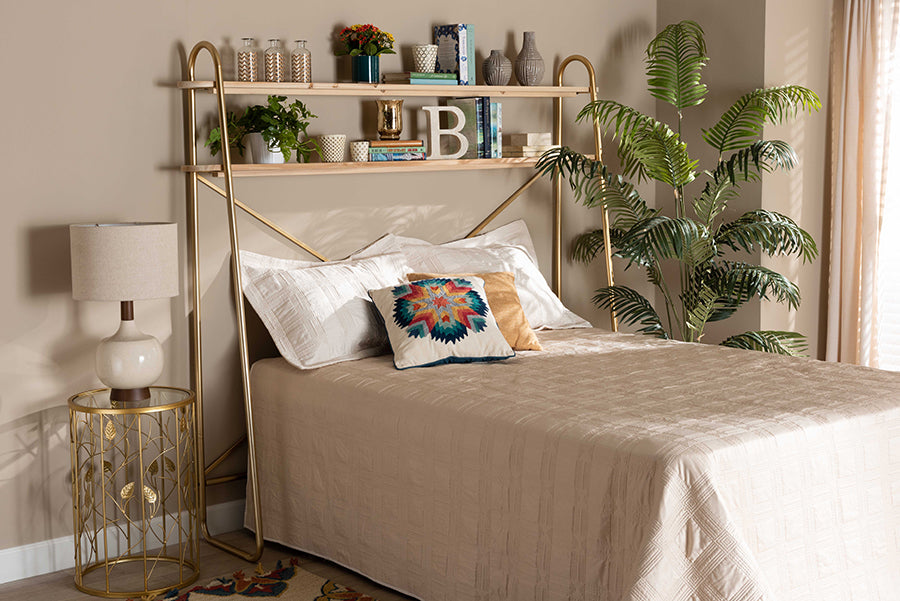 Baxton Studio Merida Glam and Luxe Brushed Gold Finished Metal and Natural Brown Finished Wood 2-Tier Over Bed Queen Size Storage Display Shelf
