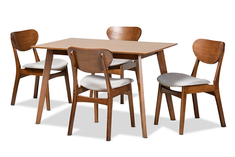 Baxton Studio Katya Mid-Century Modern Grey Fabric Upholstered and Walnut Brown Finished Wood 5-Piece Dining Set