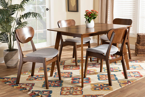 Baxton Studio Katya Mid-Century Modern Grey Fabric Upholstered and Walnut Brown Finished Wood 5-Piece Dining Set