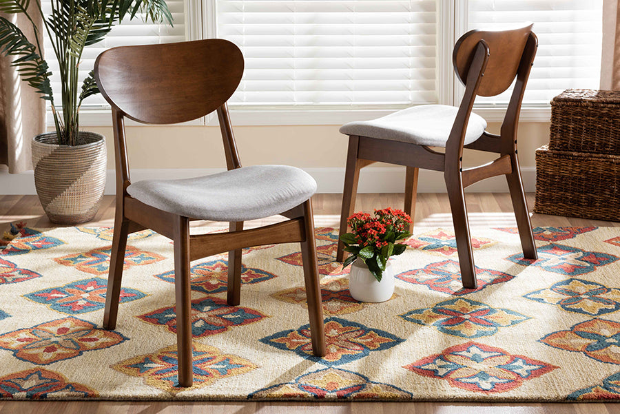 Baxton Studio Katya Mid-Century Modern Grey Fabric Upholstered and Walnut Brown Finished Wood 2-Piece Dining Chair Set