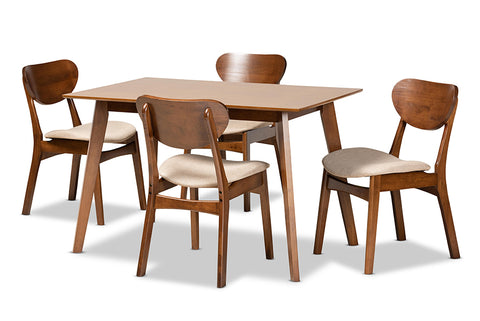 Baxton Studio Katya Mid-Century Modern Sand Fabric Upholstered and Walnut Brown Finished Wood 5-Piece Dining Set