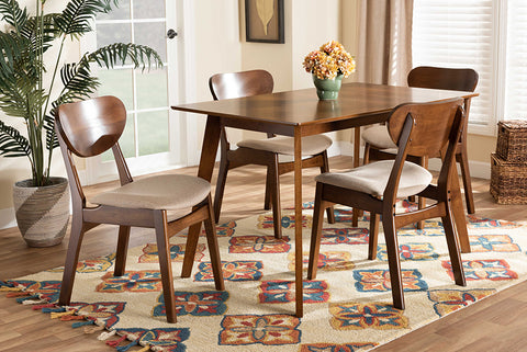 Baxton Studio Katya Mid-Century Modern Sand Fabric Upholstered and Walnut Brown Finished Wood 5-Piece Dining Set