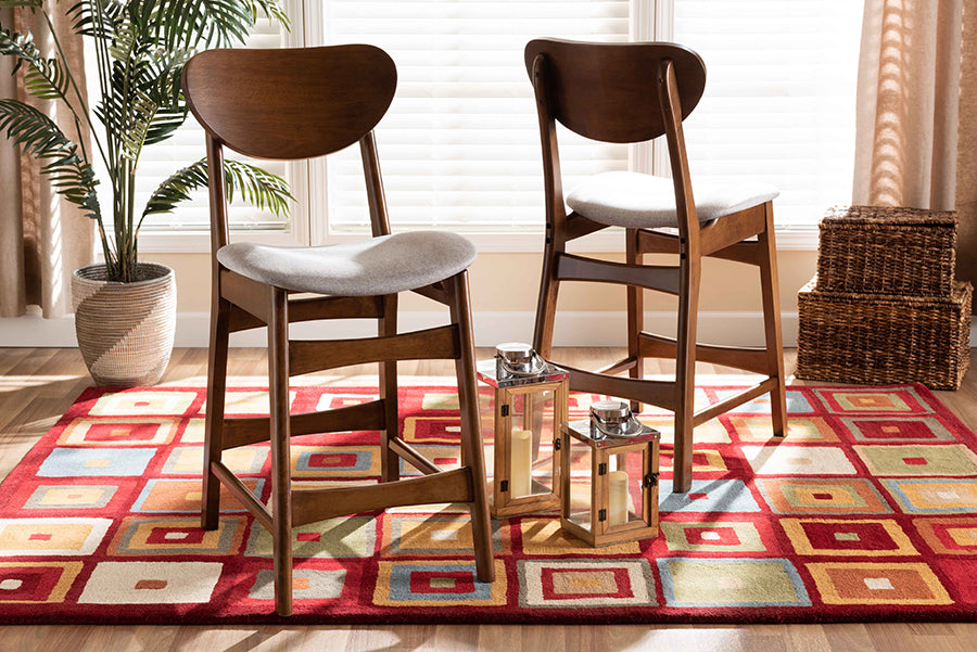 Baxton Studio Katya Mid-Century Modern Grey Fabric Upholstered and Walnut Brown Finished Wood 2-Piece Counter Stool Set
