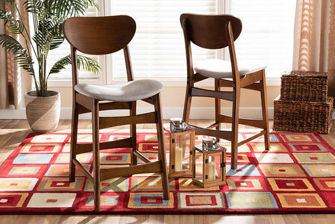 Baxton Studio Katya Mid-Century Modern Grey Fabric Upholstered and Walnut Brown Finished Wood 2-Piece Counter Stool Set