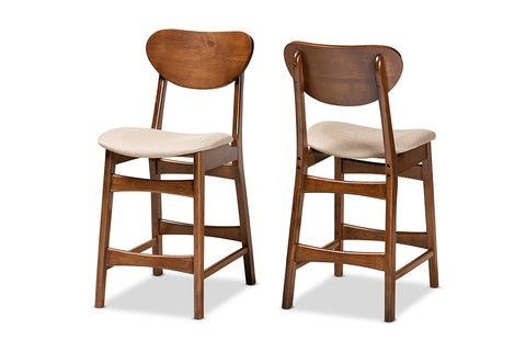 Baxton Studio Katya Mid-Century Modern Sand Fabric Upholstered and Walnut Brown Finished Wood 2-Piece Counter Stool Set