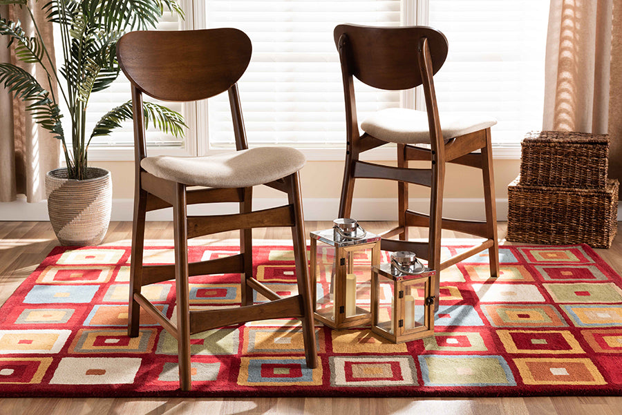 Baxton Studio Katya Mid-Century Modern Sand Fabric Upholstered and Walnut Brown Finished Wood 2-Piece Counter Stool Set