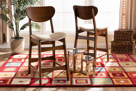 Baxton Studio Katya Mid-Century Modern Sand Fabric Upholstered and Walnut Brown Finished Wood 2-Piece Counter Stool Set