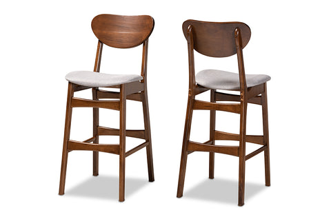 Baxton Studio Katya Mid-Century Modern Grey Fabric Upholstered and Walnut Brown Finished Wood 2-Piece Bar Stool Set