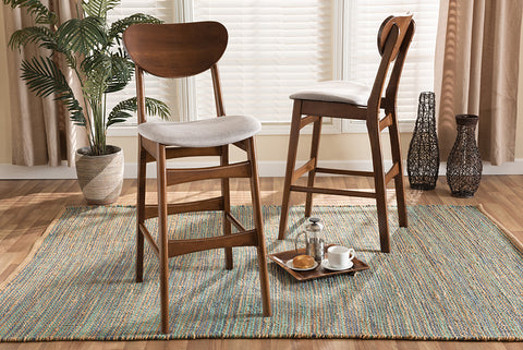 Baxton Studio Katya Mid-Century Modern Grey Fabric Upholstered and Walnut Brown Finished Wood 2-Piece Bar Stool Set